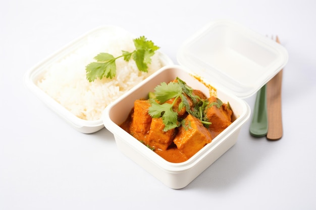 Paneer boter masala in afhaalcontainer met rijst