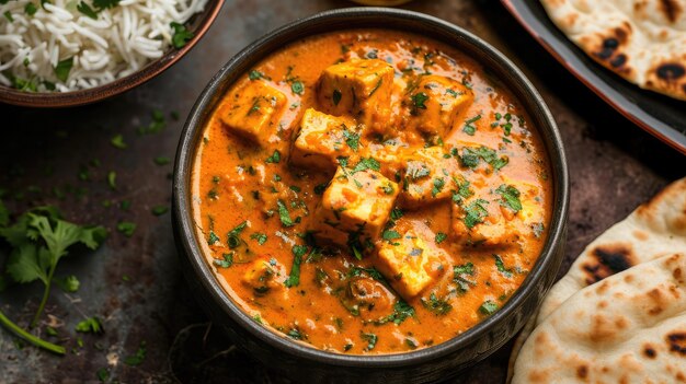 Paneer Butter Masala or Cheese Cottage Curry in serving a bowl or pan served with or without roti and rice