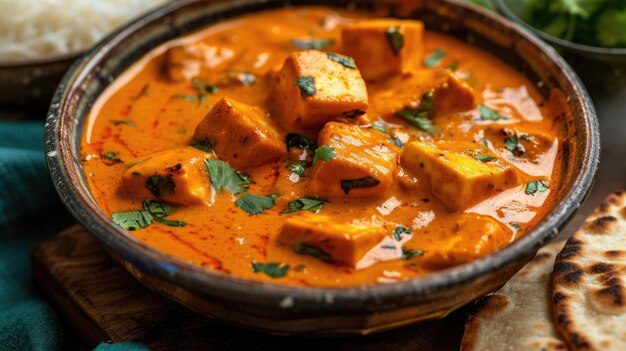 Paneer Butter Masala or Cheese Cottage Curry in serving a bowl or pan served with or without roti and rice