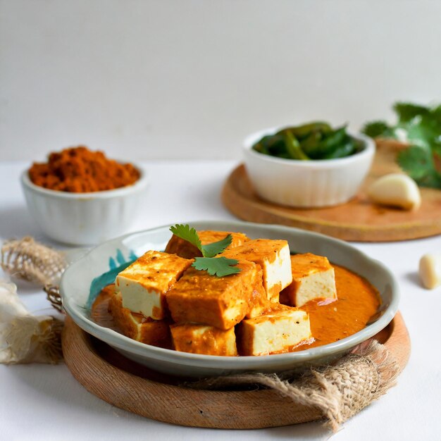 Foto paneer butter masala o cheese cottage curry sullo sfondo bianco