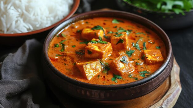 Paneer Butter Masala of Cheese Cottage Curry in een kom of pan geserveerd met of zonder roti en rijst