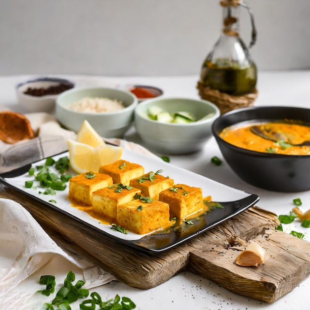 Foto paneer butter masala of cheese cottage curry op witte achtergrond