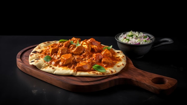 A paneer is served on a pizza with a side of naan.