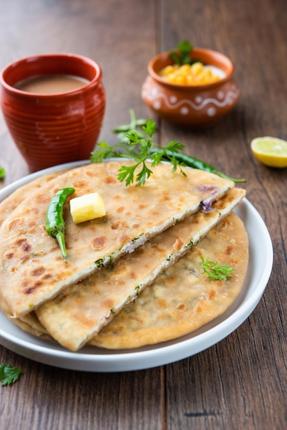 Paneer paratha는 통밀가루 반죽으로 만든 인기 있는 북인도 납작한 빵에 짭짤하고 향신료를 가한 강판 파니르로 속을 채운 것입니다.