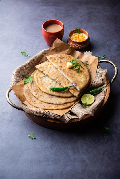 Paneer paratha는 통밀가루 반죽으로 만든 인기 있는 북인도 납작한 빵에 짭짤하고 향신료를 가한 강판 파니르로 속을 채운 것입니다.