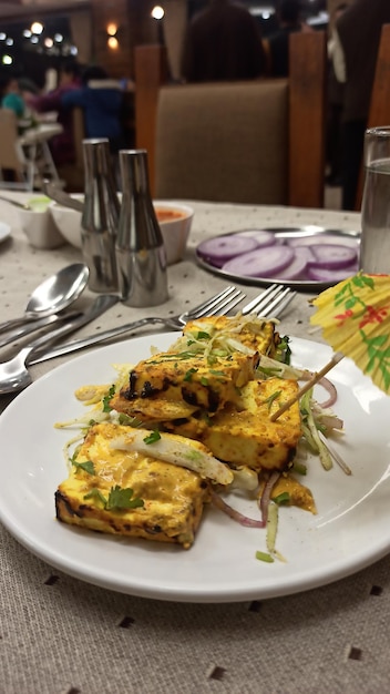 사진 파네르 티카 (paneer tikka) 는 유명한 인도 음식이다.