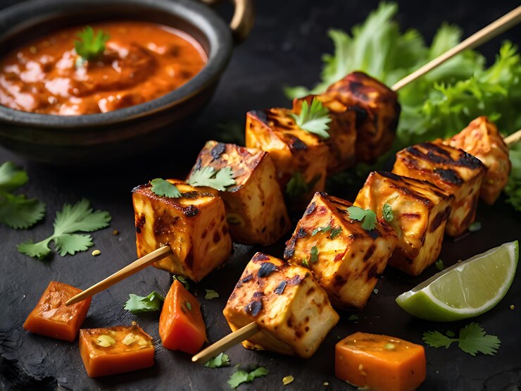Paneer Tikka is appetizer made with cubes of paneer and veggies marinated with yogurt and spices