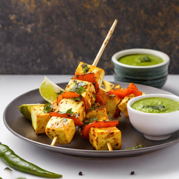 Photo paneer tikka is an indian cuisine dish with grilled paneer cheese with vegetables and spices indian food