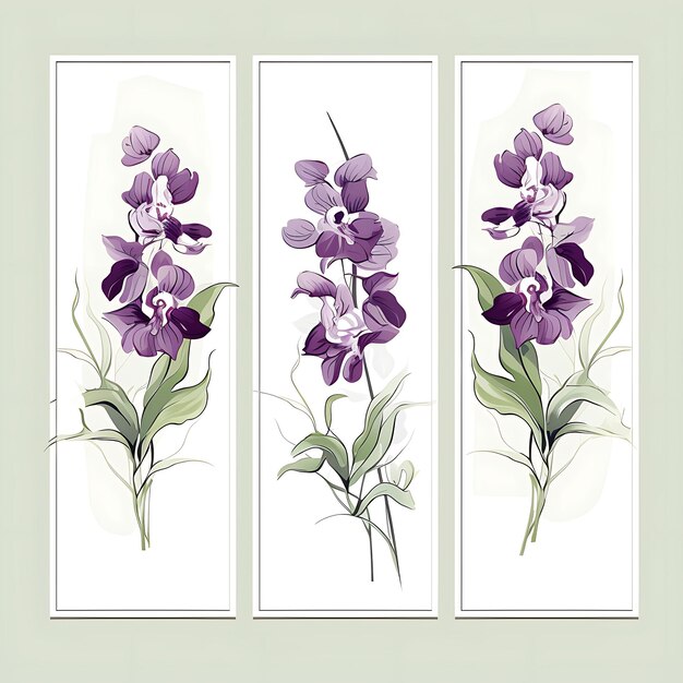 Panel of orchid blossoms with silk frame purple and green color conce 2d flat frame wallpaper art