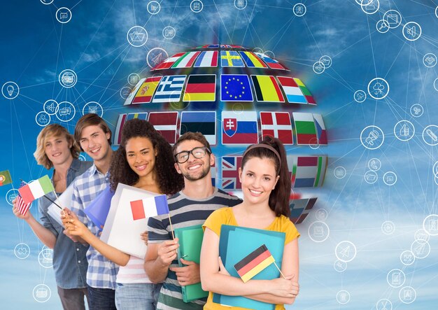 Photo panel with flags in a ball an connections with students with flags