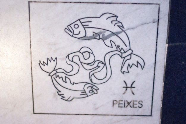 Panel with the sign Pisces on a marble stone in Rio de Janeiro Brazil.