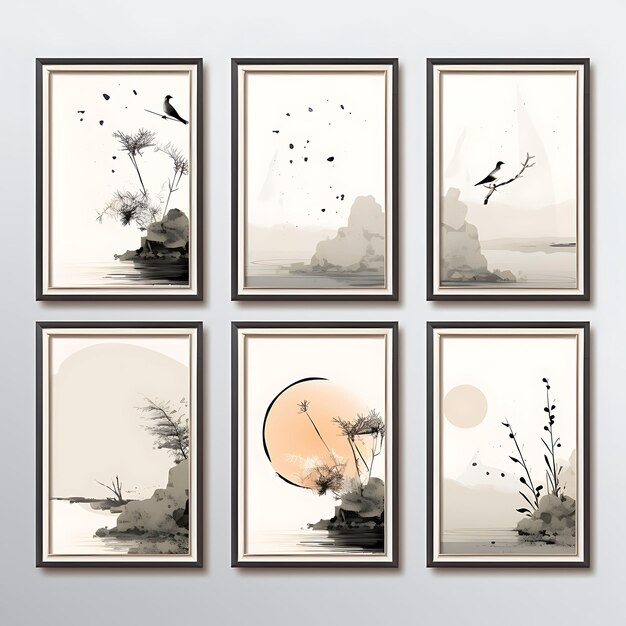 Photo panel of zen meditation garden with bamboo frame earthy and peaceful 2d flat frame wallpaper art