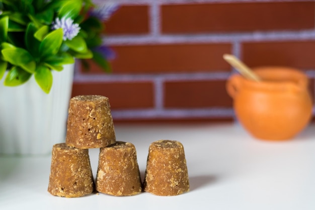 Panela cubes or sweet sugar cane in a kitchen typical food of Colombia