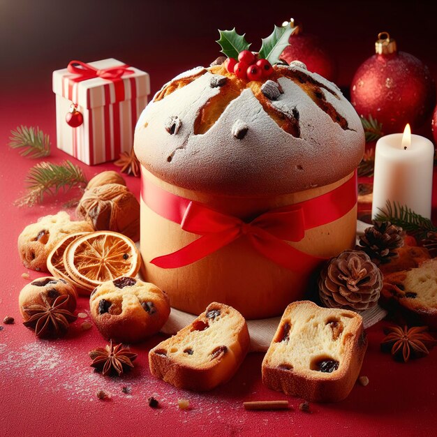 panettone christmas cookies red background christmas dessert