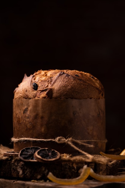 Panettone is the traditional Italian dessert for Christmas. Close up