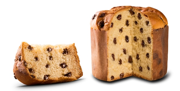 Panettone is the traditional Italian dessert for Christmas in white surface. Chocotone.