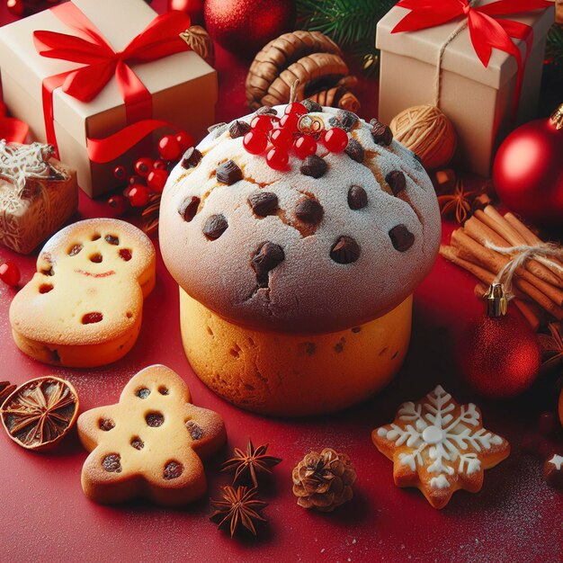 panettone kerstkoekjes rode achtergrond kerst dessert