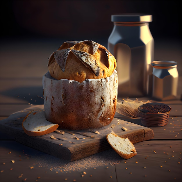 Panettone traditional italian christmas bread on wooden background