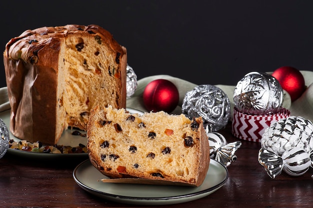 Panettone. Typical fruit cake served at Christmas. Copy space