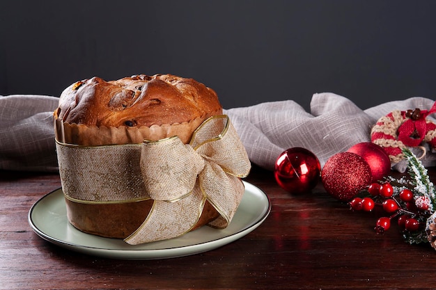 Panettone. Typical fruit cake served at Christmas. Copy space