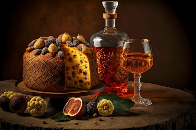 Panettone with brandy and figs as dessert for christmas
