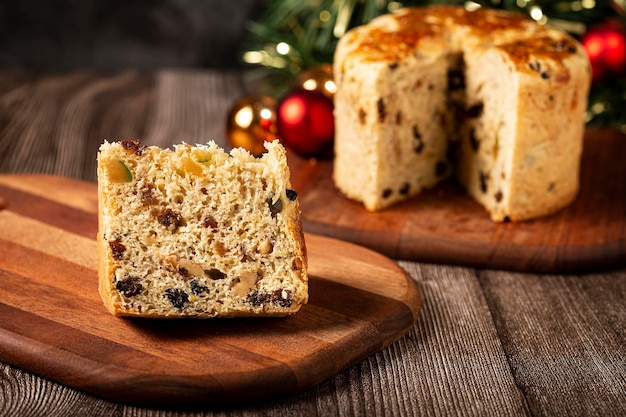 Panettone with candied fruits, traditional Christmas bread.