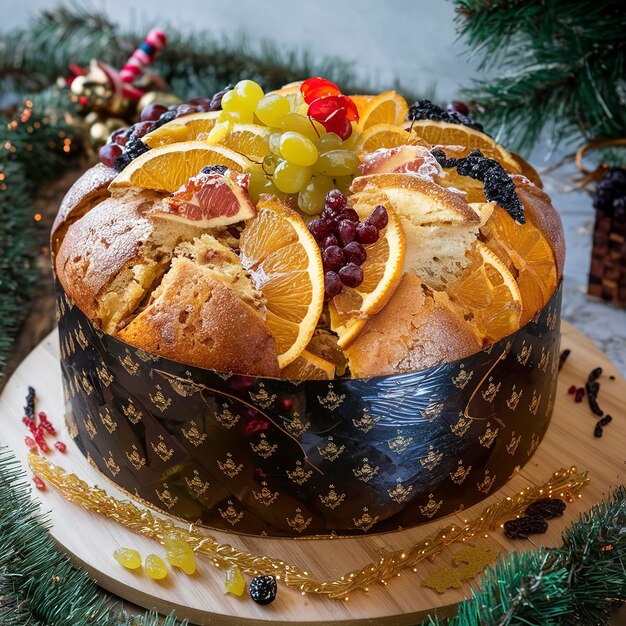 Panettone with fruit orange candied raisins and Christmas decoration on a wooden background