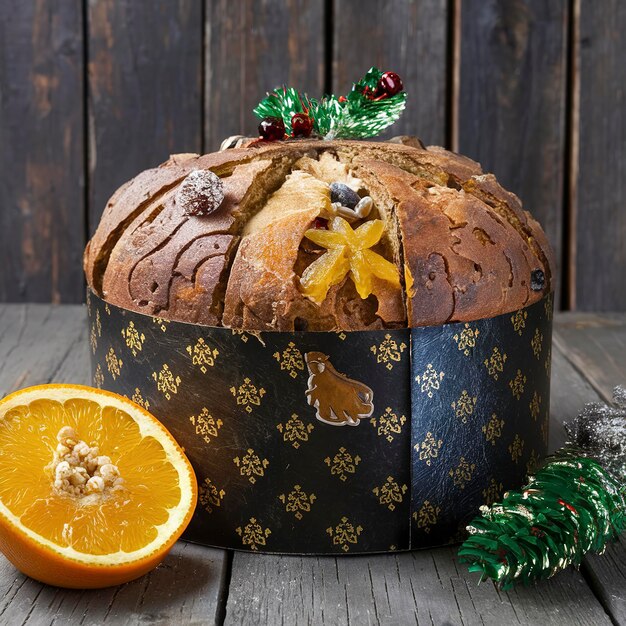 Panettone con uva passa candita di frutta arancione e decorazione natalizia su uno sfondo di legno