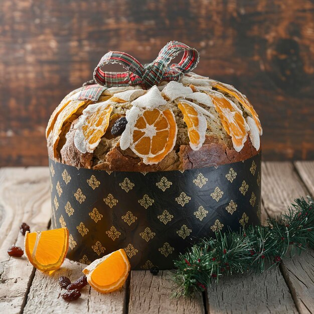 Foto panettone con uva passa candita di frutta arancione e decorazione natalizia su uno sfondo di legno