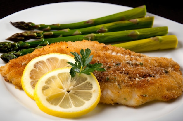 Panfried catfish fillets with a buttery lemon sauce and a side of garlicky roasted asparagus
