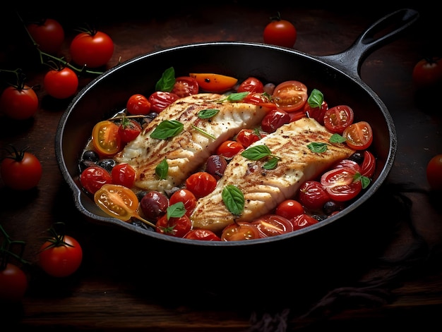 PanFried Fish with Tomatoes in Cast Iron Skillet Close up Ai Generative