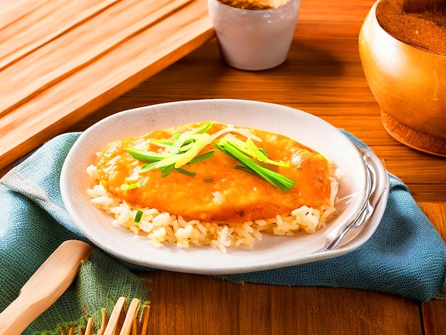 Photo panfried luncheon meat cubes on omelets on top of a rustic shallow bowl of rice