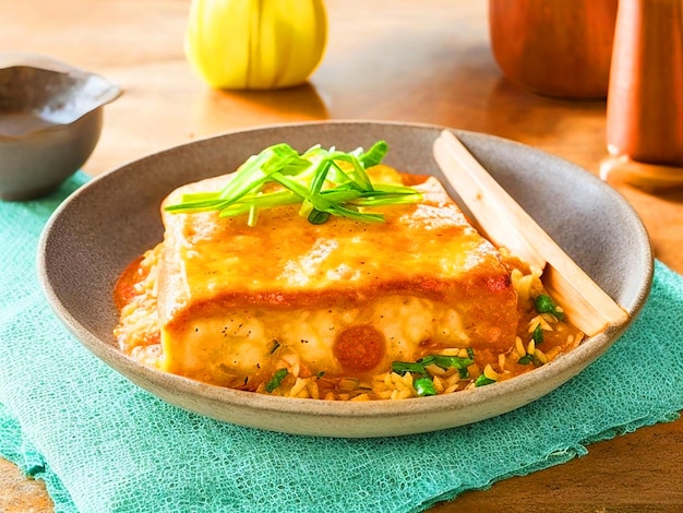 panfried luncheon meat cubes on omelets on top of a rustic shallow bowl of rice