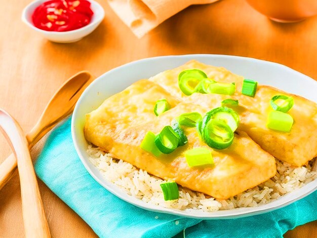 panfried luncheon meat cubes on omelets on top of a rustic shallow bowl of rice