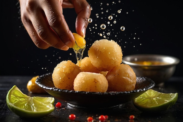 Photo pani puri being dipped into spicy water