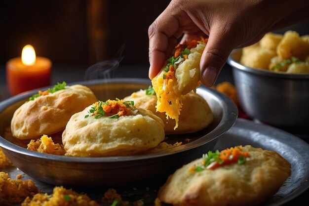 Photo pani puris being filled with spicy potato stuffing