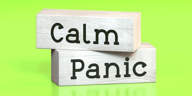 Panic calm words on wooden blocks 3D illustration