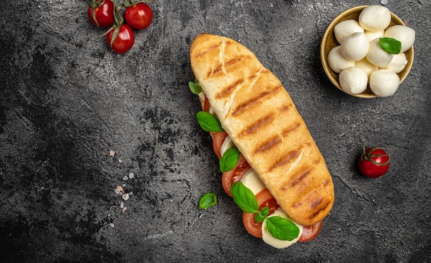 Panini caprese с томатной моцареллой и базиликом Caprese Panini Sandwich Вкусный завтрак или закуска Чистое питание диета веганская концепция питания вид сверху