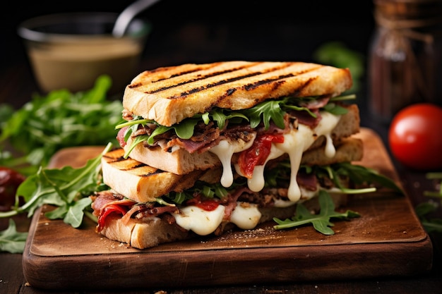 A panini served on a wooden board with a variety of dipping sauces