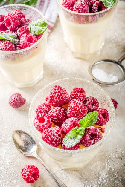 Panna cotta dessert with raspberry 