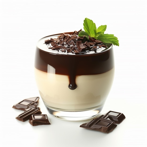 Panna cotta met chocolade in glas geïsoleerd op witte achtergrond