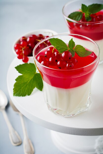 Panna cotta met rode aalbessengelei in vintage glas met bladeren