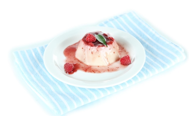 Panna Cotta with raspberry sauce isolated on white