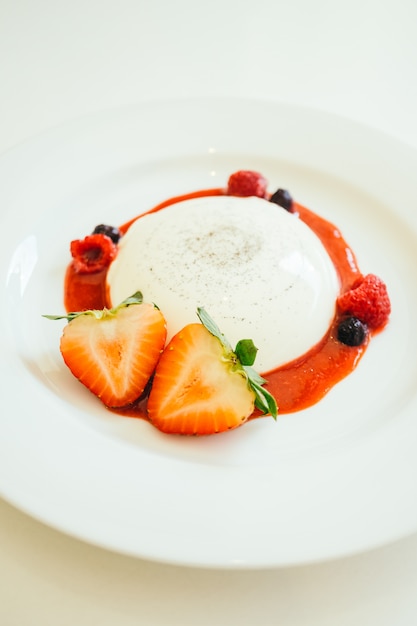 Panna cotta with strawberry and rasberry