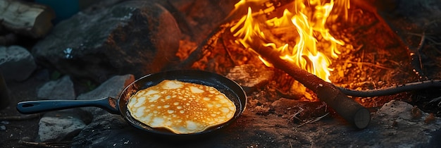 Foto pannenkoek gemaakt over een vuur in een pan