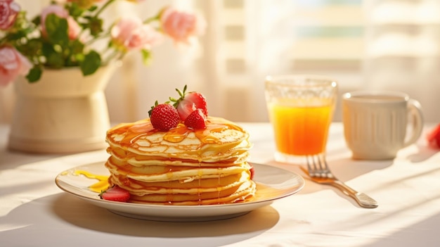 pannenkoeken met aardbeien en een glas sinaasappelsap