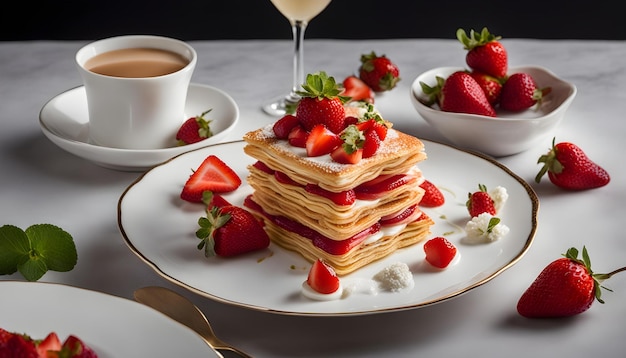 Pannenkoeken met aardbeien en een kop koffie.