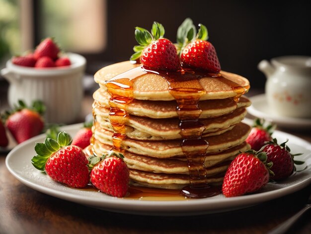 Pannenkoeken met aardbeien en siroop op een bord