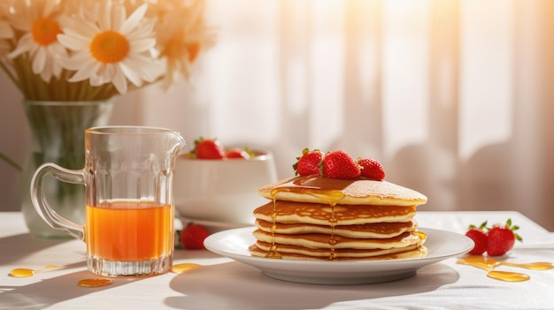 pannenkoeken met aardbeien en siroop op een tafel