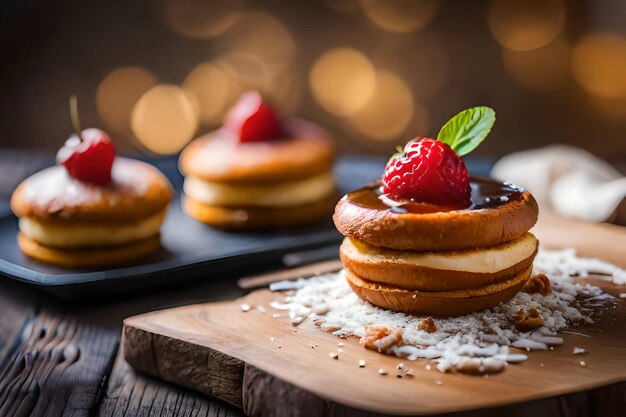 pannenkoeken met aardbeien op een houten bord